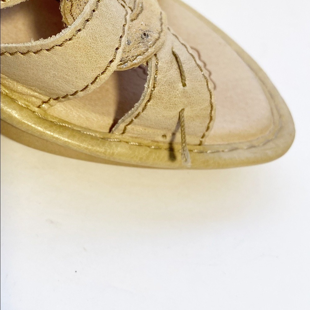 Fly Flot Wedge Sandals Womens 37 Beige Leather Metallic Whipstitch Mule Slip-on - Picture 8 of 10